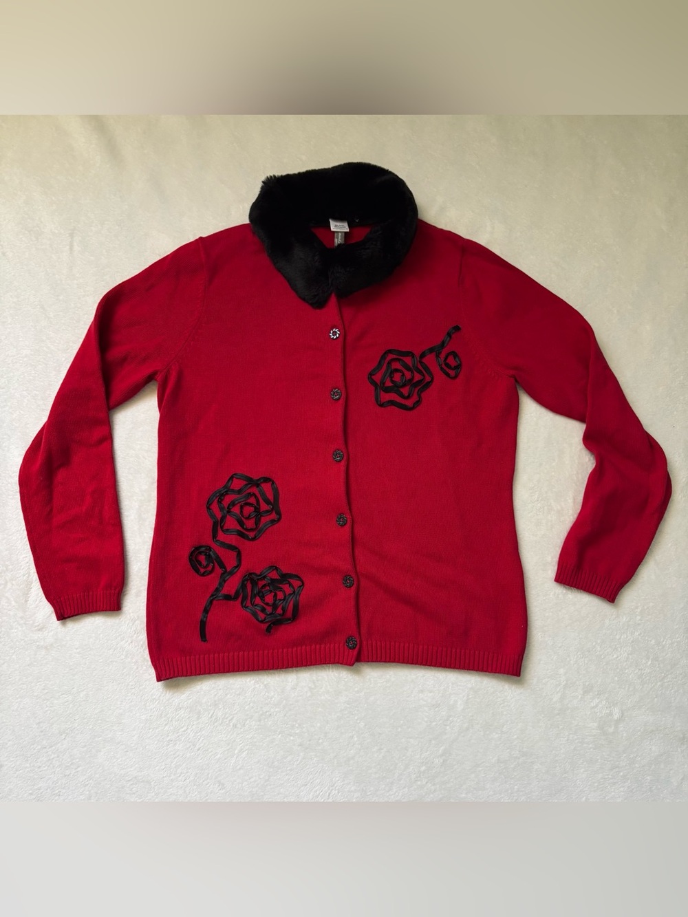 Hanna Andersson Red Cardigan with Black Rose Appliqués